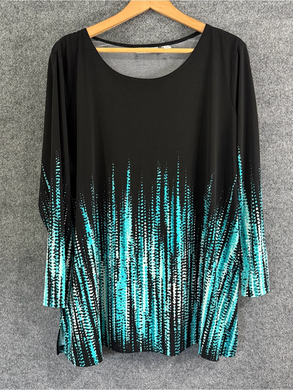 Susan Graver Womens 2X Liquid Knit Tunic Blouse Turquoise Black Artsy Stretch